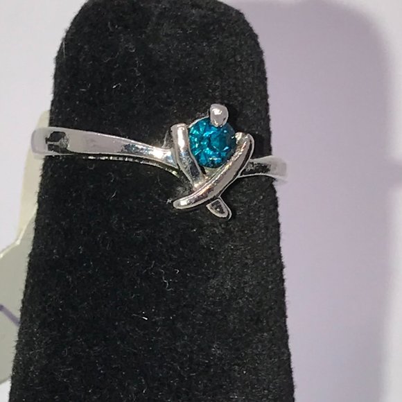 Silver Aqua Blue X Ring, Size 5 1/2 - Picture 2 of 9